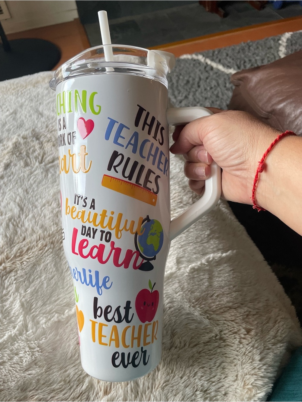 Insulated White Teacher Travel Mug - Colorful "Best Teacher" Design